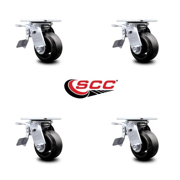 4 Inch Rubber on Steel Caster Set with Roller Bearing and Total Lock Brake SCC